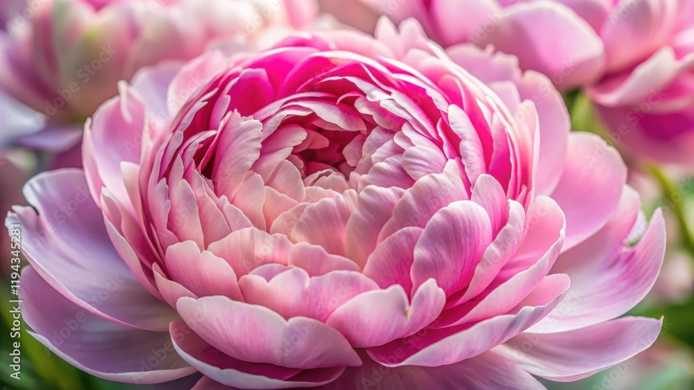 Delicate pink peony petals unfolding from the center of a flower Delicate pink peony petals unfolding from the center of a flower