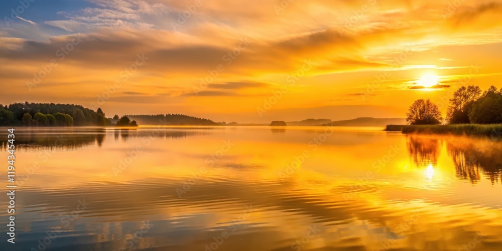 Obraz premium Golden hues of dawn breaking over a serene lake, golden hues, nature