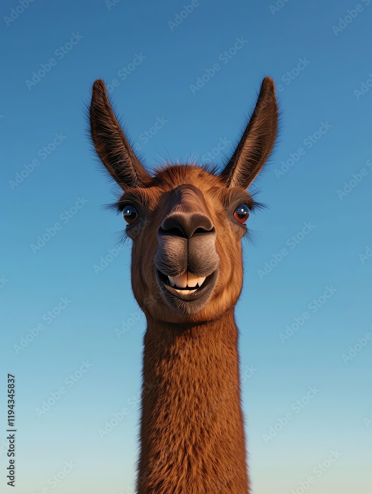 Obraz premium A cheerful llama smiles against a clear blue sky, showcasing its unique features and friendly demeanor.