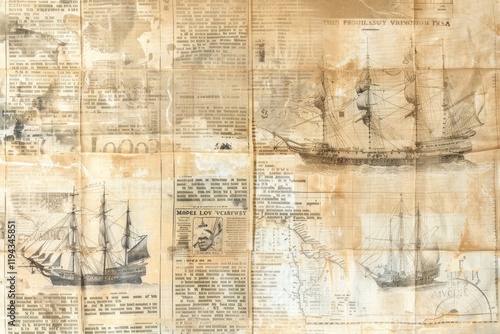 Old map ships monster nautical map ephemera border newspaper backgrounds drawing.