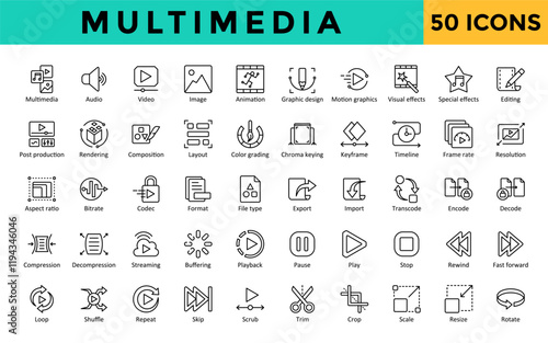 Multimedia icons set with multimedia, audio, video, image, animation, graphic design, motion graphics, visual effects, special effects, editing icon. Simple line vector 
