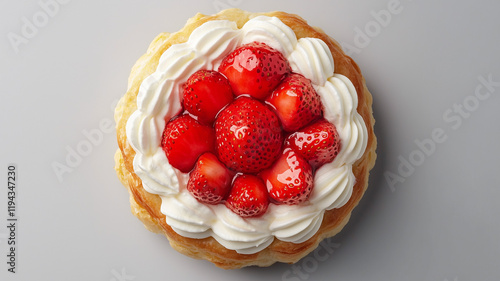 A delightful top view of a strawberry and cream puff, showcasing the flaky, light pastry filled with whipped cream and topped with fresh strawberries. Ai generated (1)