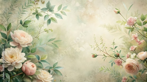 Elegant Pastel Roses and Lush Greenery Botanical Design Featuring a Soft, Textured Background Ideal for Wedding Invitations, Home Decor, or Artistic Projects