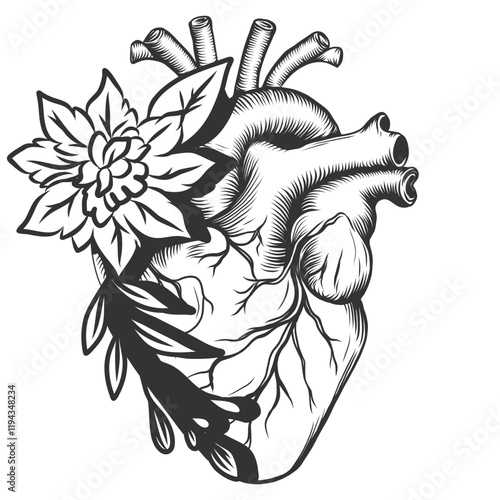 Realistic Human Heart with flower Engraving imitation art. Sketch style. Design concept for print, sticker, medical post-viral rehabilitation posters, tattoos. Vector black and white drawing photo