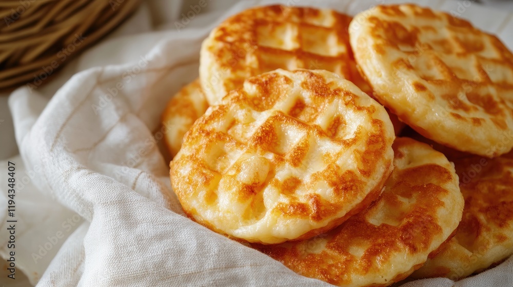 Golden Brown Cheese Waffles on Soft Linen Cloth Freshly Baked Culinary Delight Golden Brown Cheese Waffles on Soft Linen Cloth Freshly Baked Culinary Delight