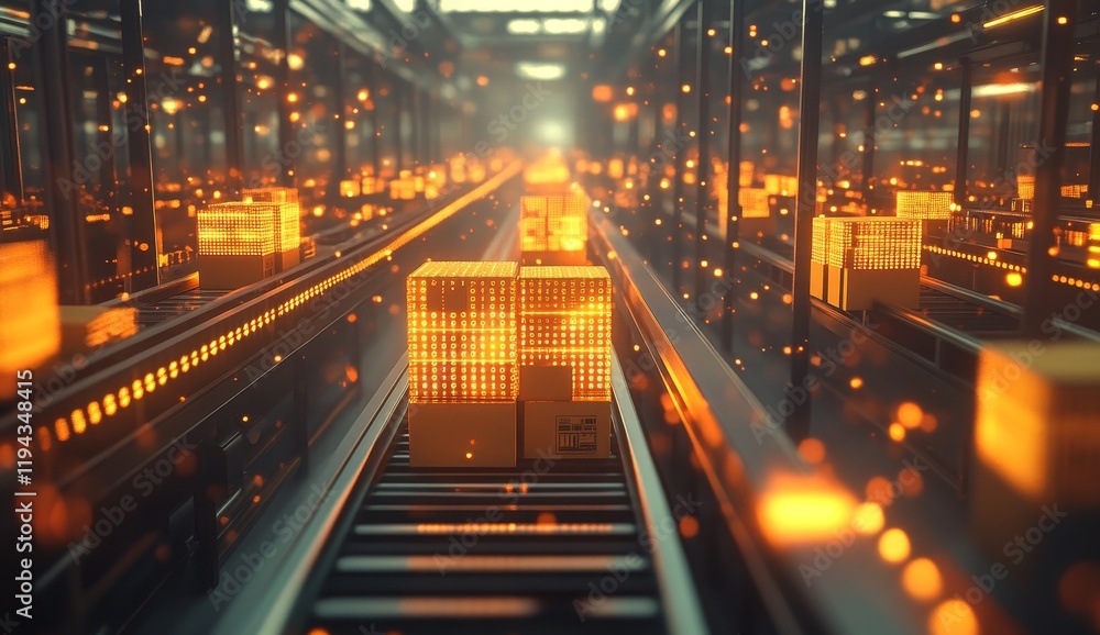 Automated warehouse with boxes moving on conveyor belts. Automated warehouse with boxes moving on conveyor belts.