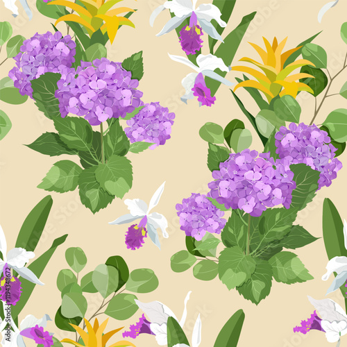 Hydrangea, delicate orchids and eucalyptus on a beige background. Seamless vector illustration. For decoration textile, packaging, wallpaper.