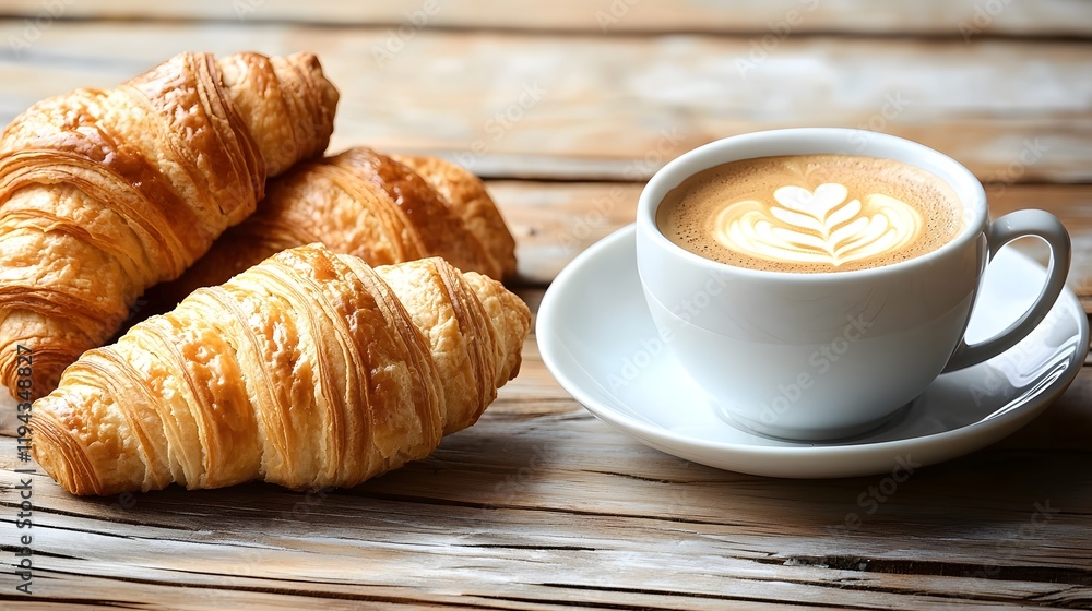 Croissant and coffee set on a wooden table with warm morning sunlight streaming in and casting a gentle glow and shadow pattern The steam rising from the coffee cup adds to the cozy Croissant and coffee set on a wooden table with warm morning sunlight streaming in and casting a gentle glow and shadow pattern The steam rising from the coffee cup adds to the cozy