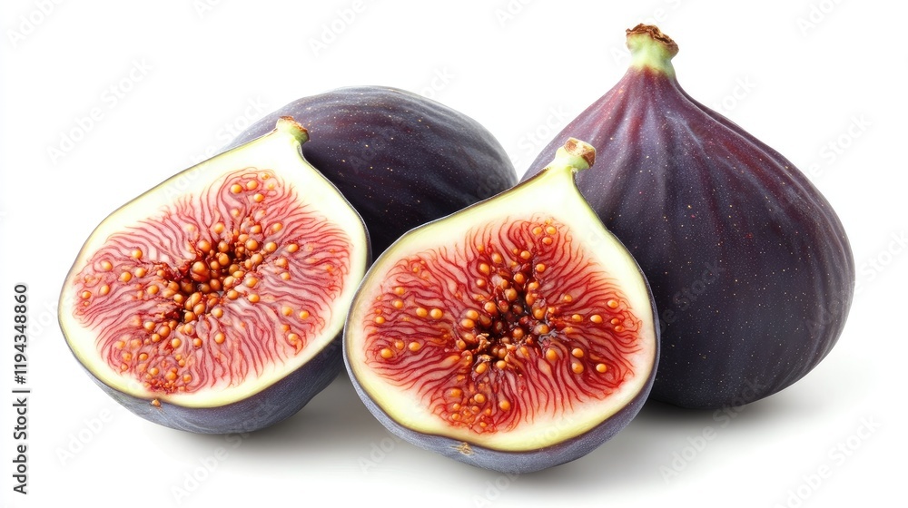 Fresh and ripe figs whole and halved displayed artfully on a clean white background ideal for food photography and healthy eating concepts Fresh and ripe figs whole and halved displayed artfully on a clean white background ideal for food photography and healthy eating concepts
