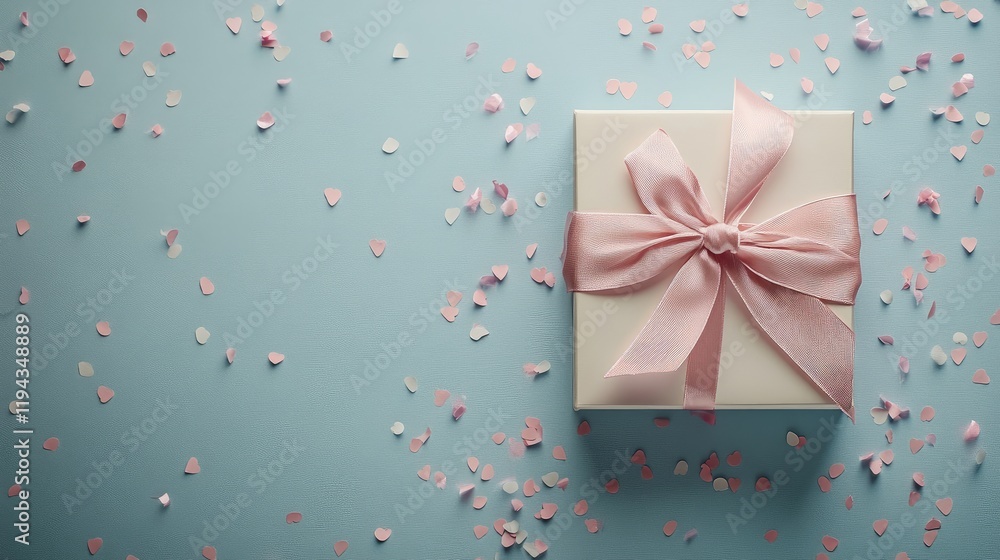 Present with pink ribbon surrounded by confetti on a blue background perfect for celebrations and gifting occasions Present with pink ribbon surrounded by confetti on a blue background perfect for celebrations and gifting occasions