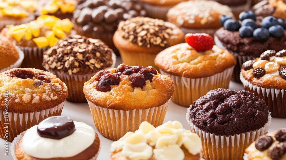 Assorted Freshly Baked Muffins in a Display at a Bakery Showcasing Varied Flavors and Toppings for Tempting Treats Assorted Freshly Baked Muffins in a Display at a Bakery Showcasing Varied Flavors and Toppings for Tempting Treats