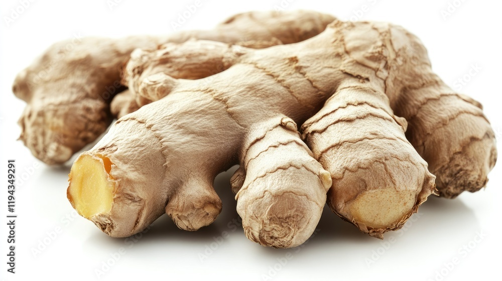 Ginger root cluster isolated on a clean white background showcasing the textured surface and natural color variations of the spice.