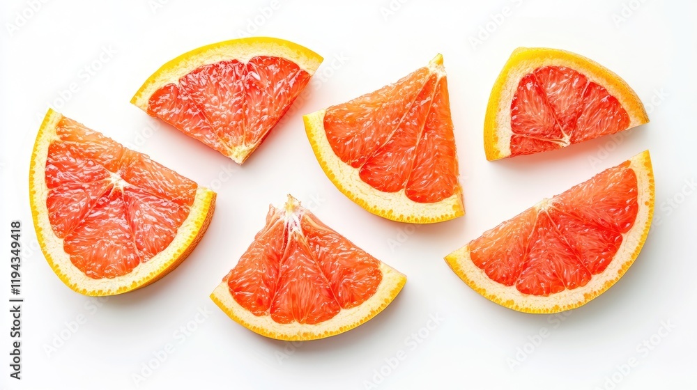 Freshly cut grapefruit slices arranged beautifully on a clean white background showcasing vibrant colors and textures of citrus fruit. Freshly cut grapefruit slices arranged beautifully on a clean white background showcasing vibrant colors and textures of citrus fruit.