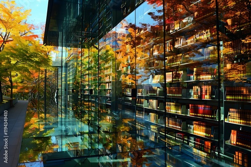 Wallpaper Mural A modern bookstores glass facade reflects vibrant autumn trees. Shelves filled with books are visible inside. The image is rich with fall colors and architectural design elements. Torontodigital.ca