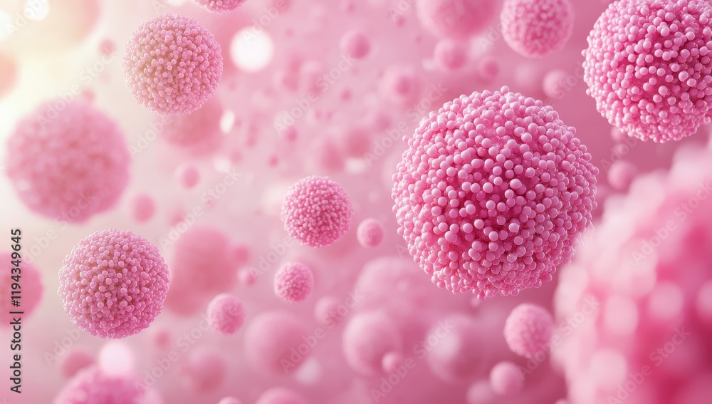 Microscopic pink spheres, floating in soft light. Microscopic pink spheres, floating in soft light.