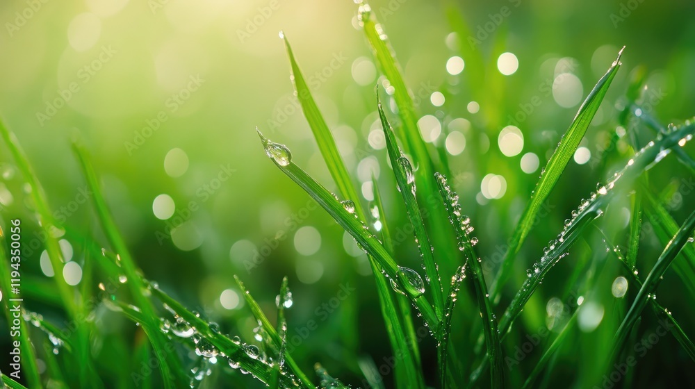 Fototapeta premium Morning dew on vibrant green grass blades with soft bokeh background creating a serene and refreshing nature scene.