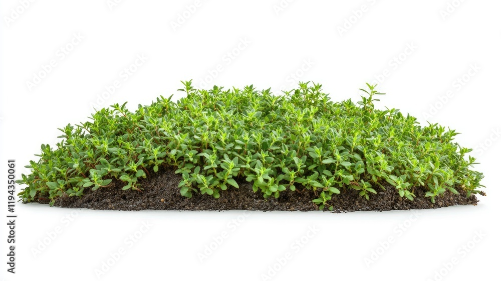 Lush fresh thyme herb plant with rich green leaves growing in soil against a clean white background for culinary and gardening purposes Lush fresh thyme herb plant with rich green leaves growing in soil against a clean white background for culinary and gardening purposes