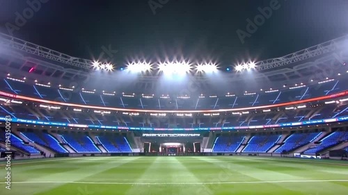 Sport stadium at night and soccer or football field ready for the match. Professional 4K video
