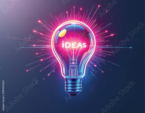 vector of abstract futuristic lightbulb with glowing lines and dots radiating ideas on blue surface