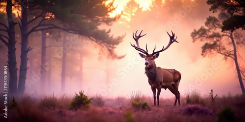 A majestic red deer stag stands proudly in the misty forest landscape with its antlers silhouetted against a soft pinkish-purple sky , red deer stag, deer hunting photo