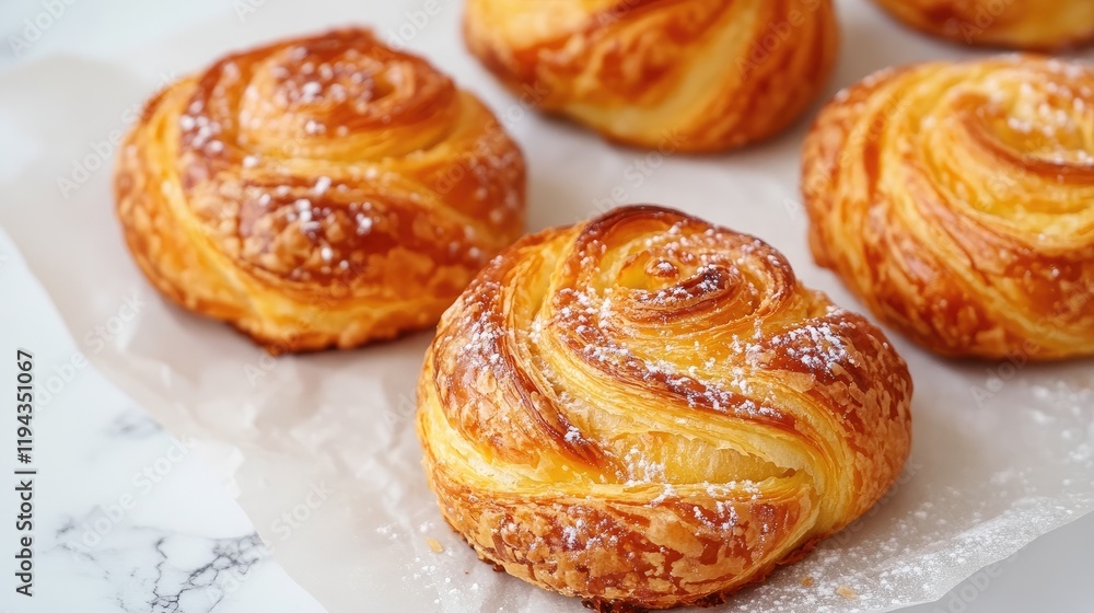 Golden Croissants on Parchment Paper with Dusting of Sugar on Elegant White Marble Background Golden Croissants on Parchment Paper with Dusting of Sugar on Elegant White Marble Background