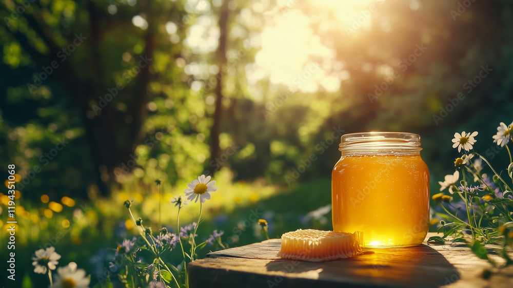 A jar of golden honey placed beside freshly cut honeycomb, surrounded by wildflowers on a wooden table, natural sunlight illuminating the scene. Ai generated (1) A jar of golden honey placed beside freshly cut honeycomb, surrounded by wildflowers on a wooden table, natural sunlight illuminating the scene. Ai generated (1)