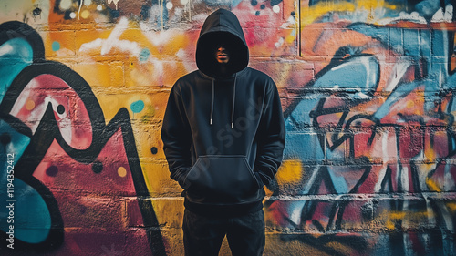 A man wearing a blank black long-sleeved hoodie stands confidently against a graffiti-covered wall, showcasing the versatility of streetwear fashion. Ai generated (1)
