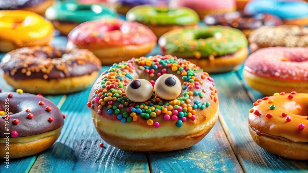 Donut with big round eyes and goofy grin, sitting on a colorful table with other donuts Donut with big round eyes and goofy grin, sitting on a colorful table with other donuts