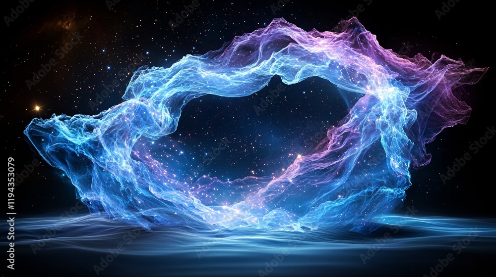 Vibrant abstract swirl of blue and purple light against a dark cosmic backdrop. Vibrant abstract swirl of blue and purple light against a dark cosmic backdrop.