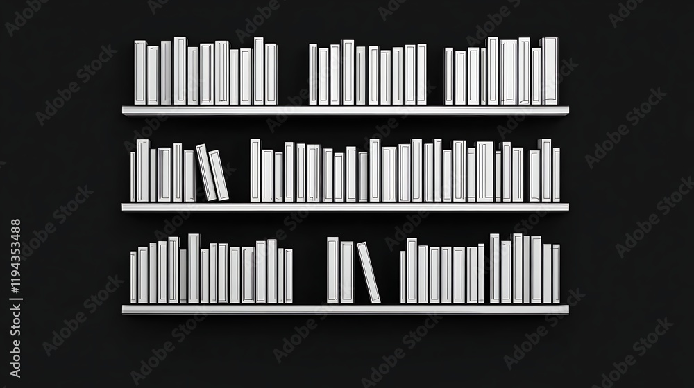 Digital bookshelf icon displaying multiple filled shelves with aligned and scattered books against a dark background for use in creative projects and web design Digital bookshelf icon displaying multiple filled shelves with aligned and scattered books against a dark background for use in creative projects and web design