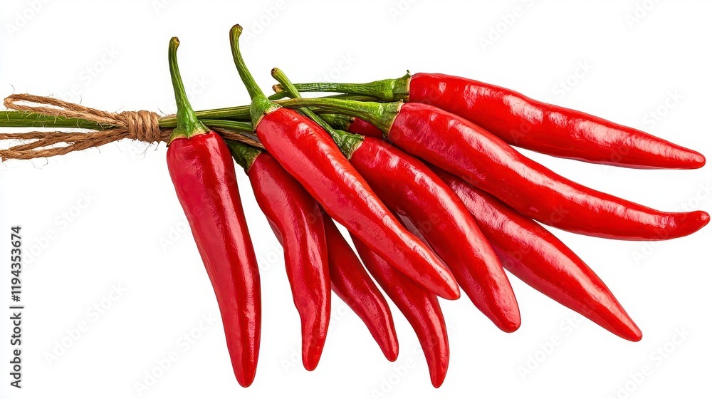 A photostock of bright red chili peppers tied together in a hanging bunch, isolated on a clean white background, spicy and vibrant, High Quality A photostock of bright red chili peppers tied together in a hanging bunch, isolated on a clean white background, spicy and vibrant, High Quality