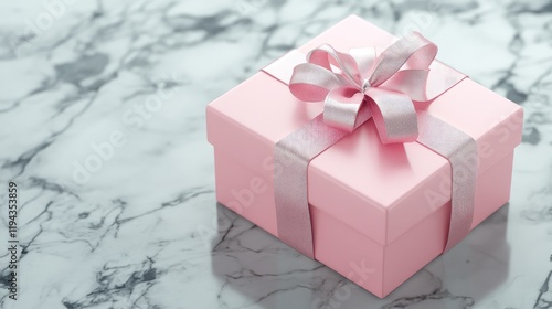 Elegant pink gift box adorned with a satin ribbon on a luxurious marble surface for festive and celebratory themes.