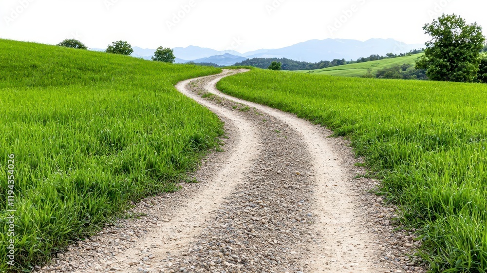 A photostock of classic countryside dirt paths winding through green hills, isolated on a clean white background, peaceful and scenic, High Quality A photostock of classic countryside dirt paths winding through green hills, isolated on a clean white background, peaceful and scenic, High Quality