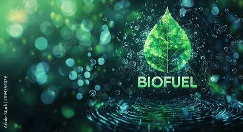 Digital concept of biofuel with glowing green leaves and droplets photo