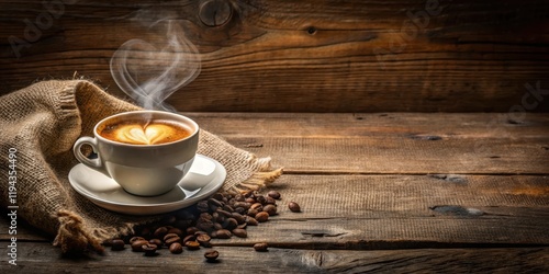A rustic cup of coffee with a trail of heart-shaped steam emerging from the surface, set against a vintage-style burlap sack on an old wooden table , cup, coffee
