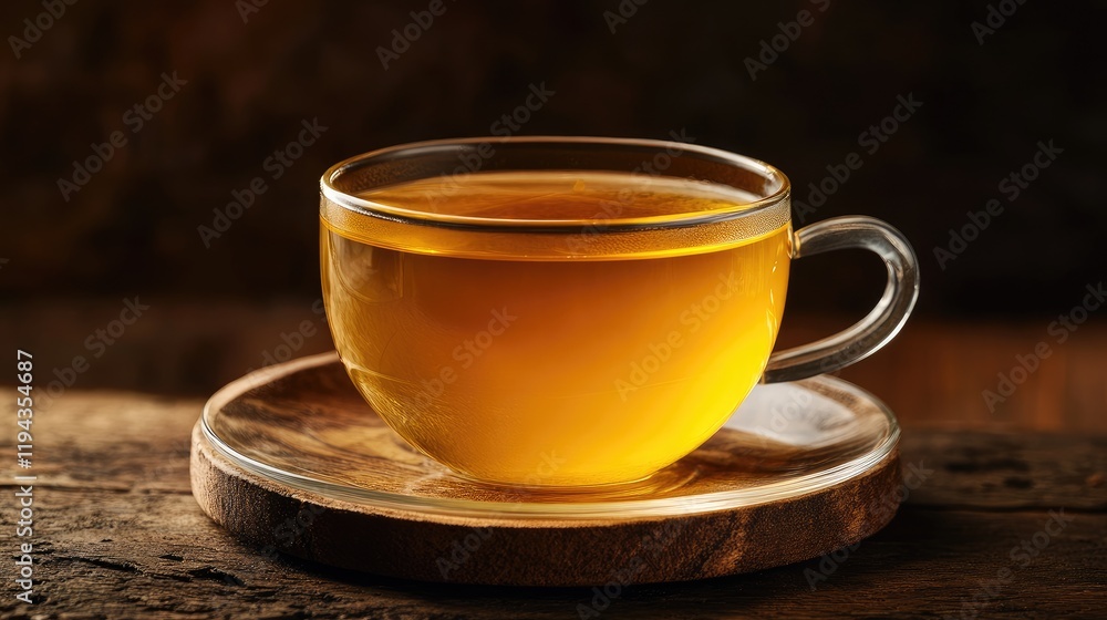 Ginger Turmeric Tea in Clear Glass Cup Served on Rustic Wooden Plate Ginger Turmeric Tea in Clear Glass Cup Served on Rustic Wooden Plate