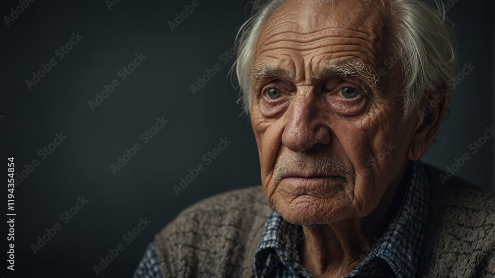 Obraz premium Elderly man with contemplative expression against dark background in indoor setting