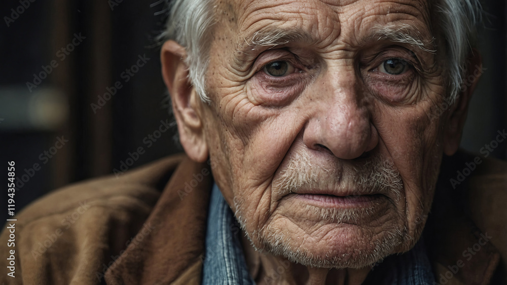 Elderly man with expressive face gazes thoughtfully in a dimly lit setting Elderly man with expressive face gazes thoughtfully in a dimly lit setting