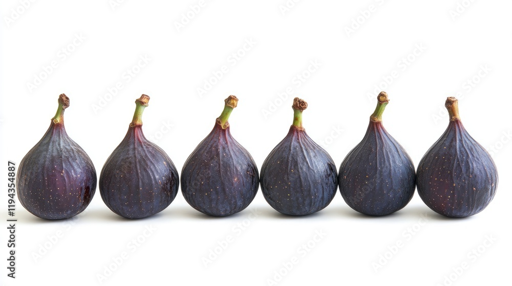Fototapeta premium Fresh ripe figs arranged in a row showcasing their unique shape and rich coloration against a clean white background for commercial use.