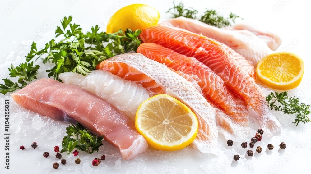 Assorted fresh fish fillets garnished with lemon and herbs on ice for culinary presentation and seafood dishes. Assorted fresh fish fillets garnished with lemon and herbs on ice for culinary presentation and seafood dishes.