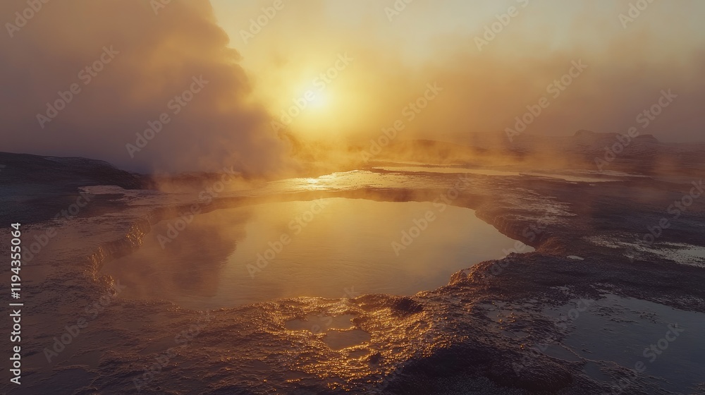 Fototapeta premium Geyser at sunrise with morning light illuminating hot springs and steamy landscape in a national park setting