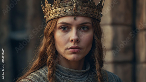 Enigmatic queen adorned with a crown gazes intently, set against a rustic backdrop of ancient stone architecture photo