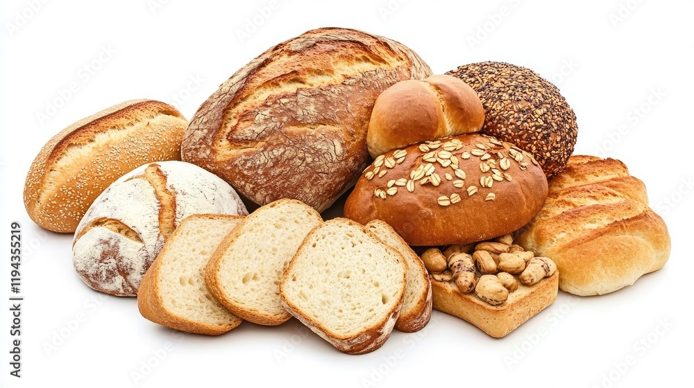 Assorted Freshly Baked Breads and Slices Displayed on White Background for Culinary and Bakery Related Themes Assorted Freshly Baked Breads and Slices Displayed on White Background for Culinary and Bakery Related Themes