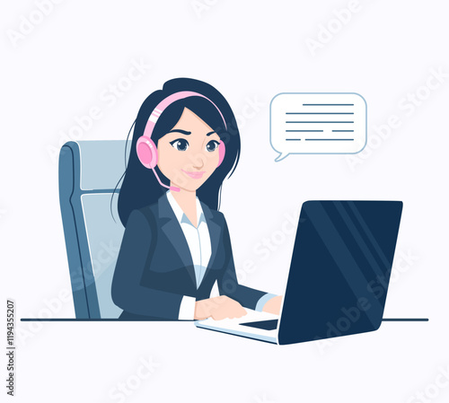 Young smiling woman with headphones and laptop .Concept illustration for customer service, assistance, call center. Online customer support and helpdesk. Cartoon vector illustration