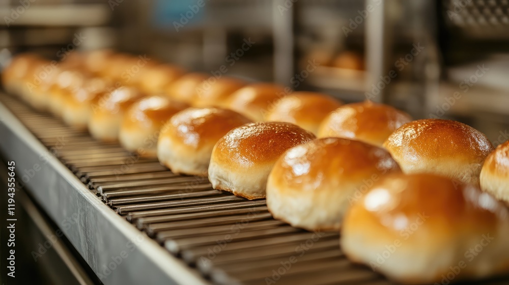 Freshly baked golden rolls moving along a conveyor belt in a modern bakery production facility Freshly baked golden rolls moving along a conveyor belt in a modern bakery production facility