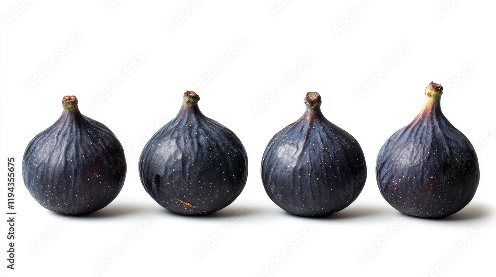 Fototapeta premium Fresh ripe black figs arranged in a row isolated on a clean white background showcasing their natural colors and textures for culinary use