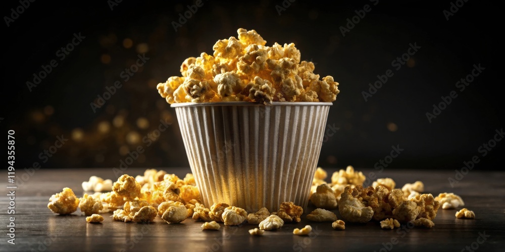 Delicious Buttery Popcorn in a Paper Cup on a Dark Wooden Table Delicious Buttery Popcorn in a Paper Cup on a Dark Wooden Table
