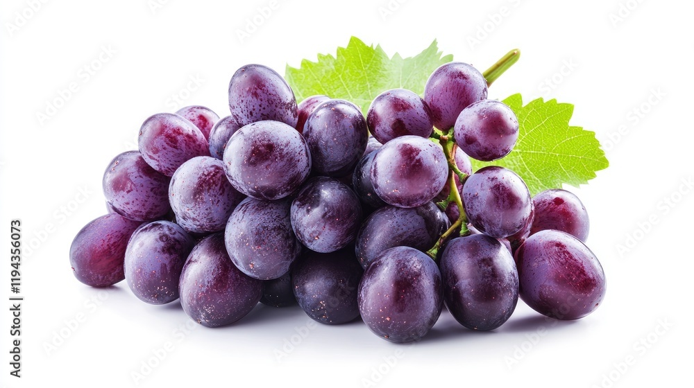 Fototapeta premium Freshly harvested purple grapes with green leaves on a clean white background showcasing their natural beauty and vibrant color.