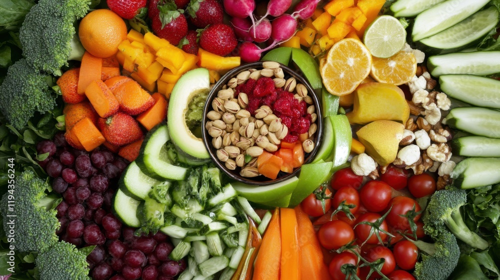 A beautifully arranged raw food platter, featuring fresh vegetables, fruits A beautifully arranged raw food platter, featuring fresh vegetables, fruits