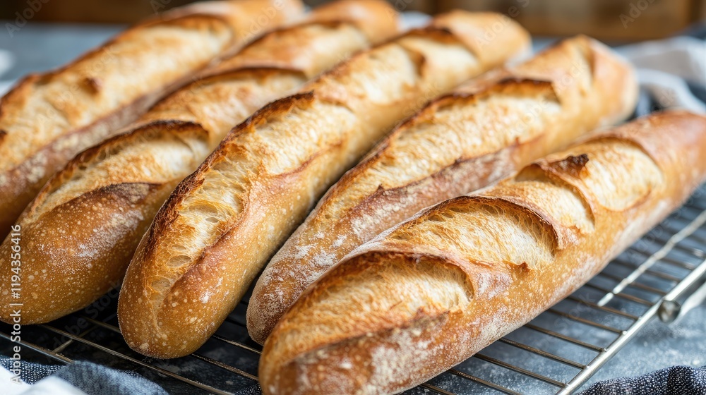 Whole Grain Baguettes Cooling on a Wire Rack Freshly Baked Artisan Bread in a Rustic Kitchen Setting Whole Grain Baguettes Cooling on a Wire Rack Freshly Baked Artisan Bread in a Rustic Kitchen Setting